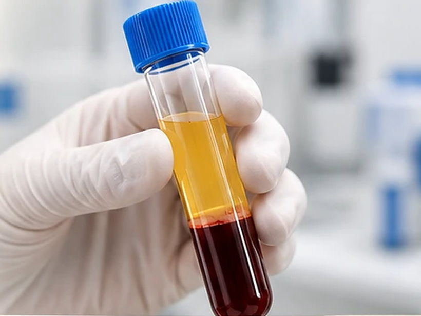 A gloved hand holding a tube of blood separated into plasma and red cells
